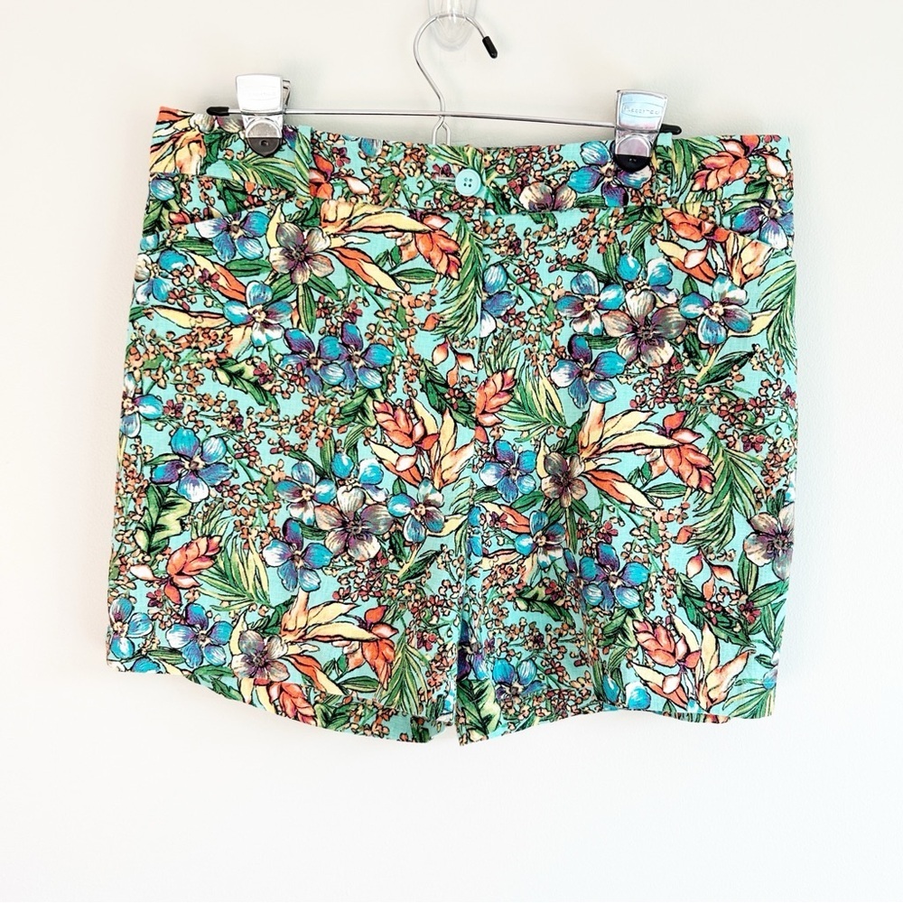 Talbots Petites Linen Blend Blue Tropical Floral Shorts 12 Petite